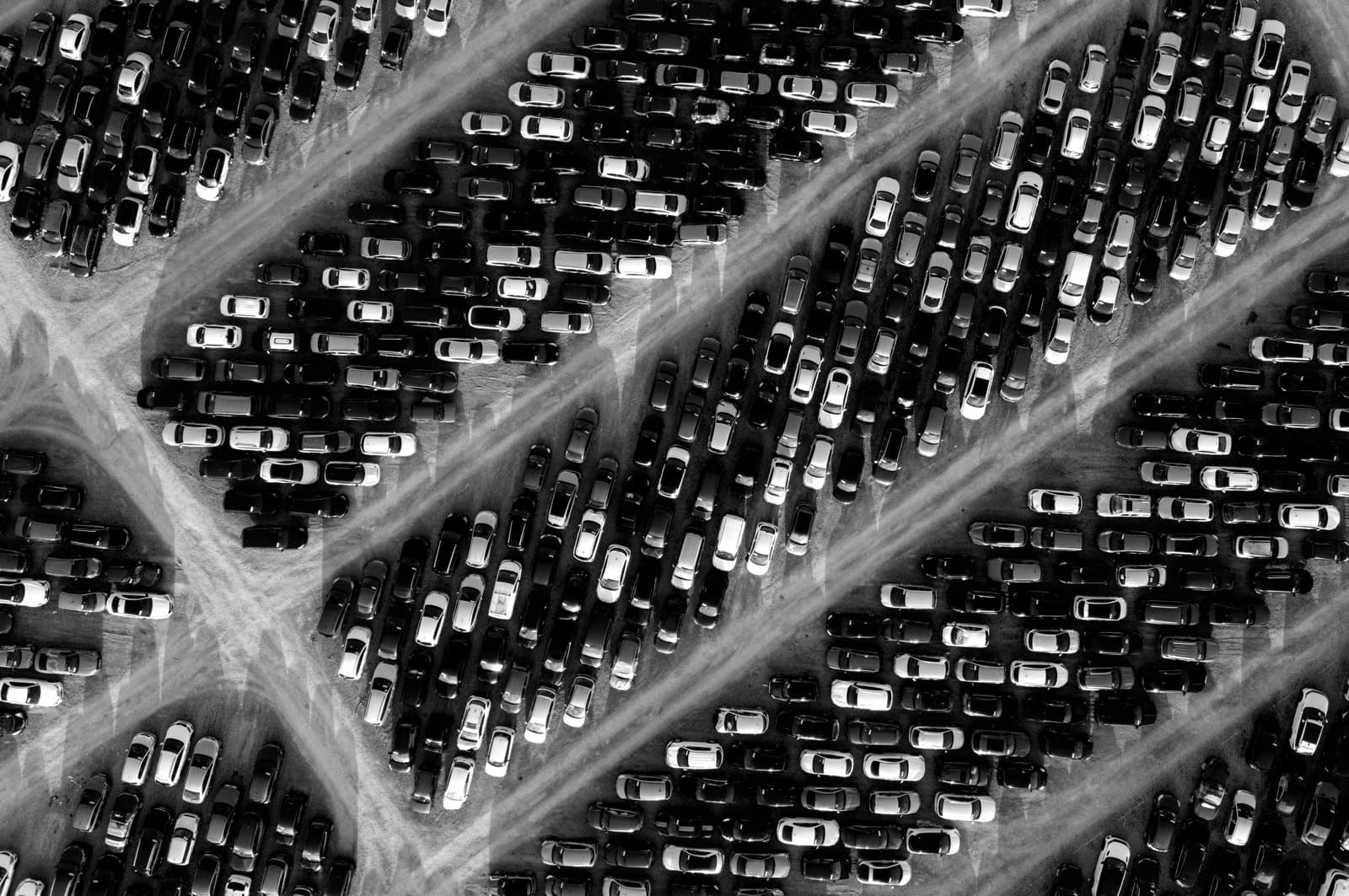 Cars parked in a grid viewed from above