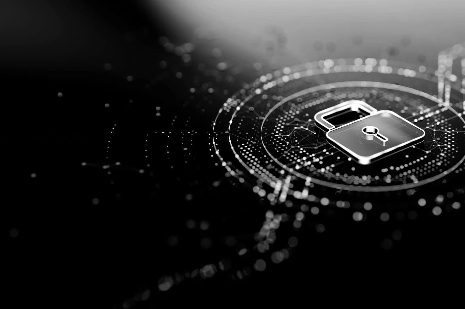 digital padlock icon overlaid on circular, glowing data patterns against a dark background.